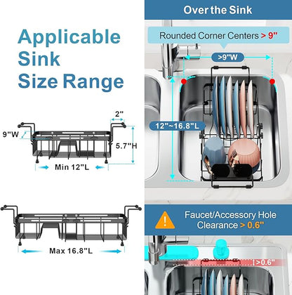 iSPECLE Small Sink Dish Drying Rack with Silicone Mat, 9" W Expandable Compact Rust Resistant Dish Drainer for RV Apartment Kitchen, Dish Rack with Lock Knob, Arms with Non Slip Rubber, Black