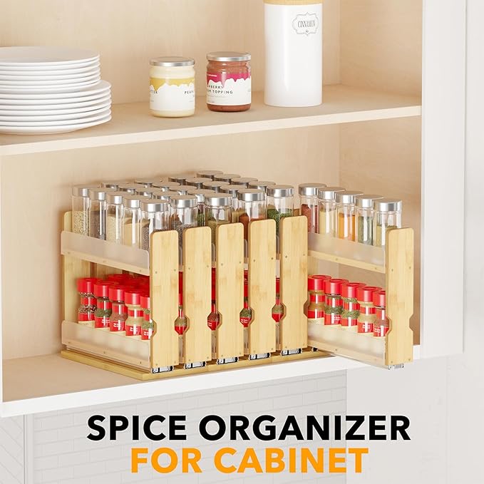 SpaceAid Bamboo Pull Out Spice Rack Organizer for Cabinet, Heavy Duty Slide Out Seasoning Kitchen Pantry Sliding Vertical Organization, 5.1" Wide, 2 Drawers(2" Wide), 2-Tier, Natural - Image 6