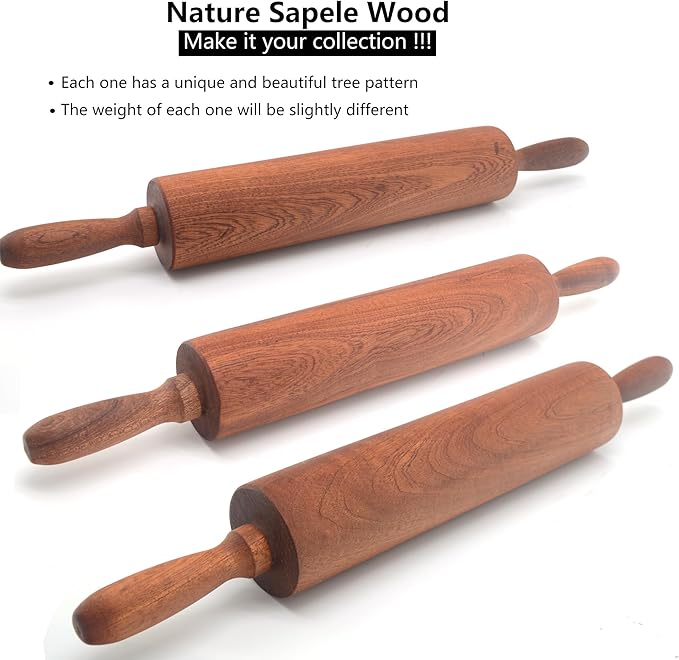 Classic Sapele Wooden Rolling Pin With Handles,Wood Baking Roller Large (17.3"L x 2.3"W) - Image 4