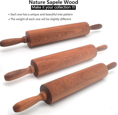 Classic Sapele Wooden Rolling Pin With Handles,Wood Baking Roller Large (17.3"L x 2.3"W) - Image 4