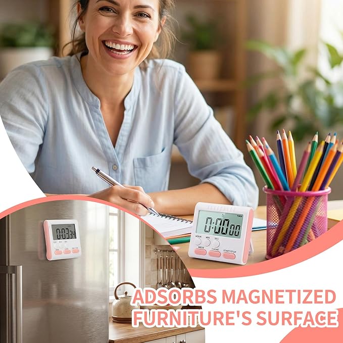 Mudder 3 Pack Digital Kitchen Timer for Cooking, Large Digits, 24 Hour Magnetic Backing Stand Kitchen Timers Clock for Classroom Kids Teachers, Loud Alarm and Large Screen (Pink) - Image 7