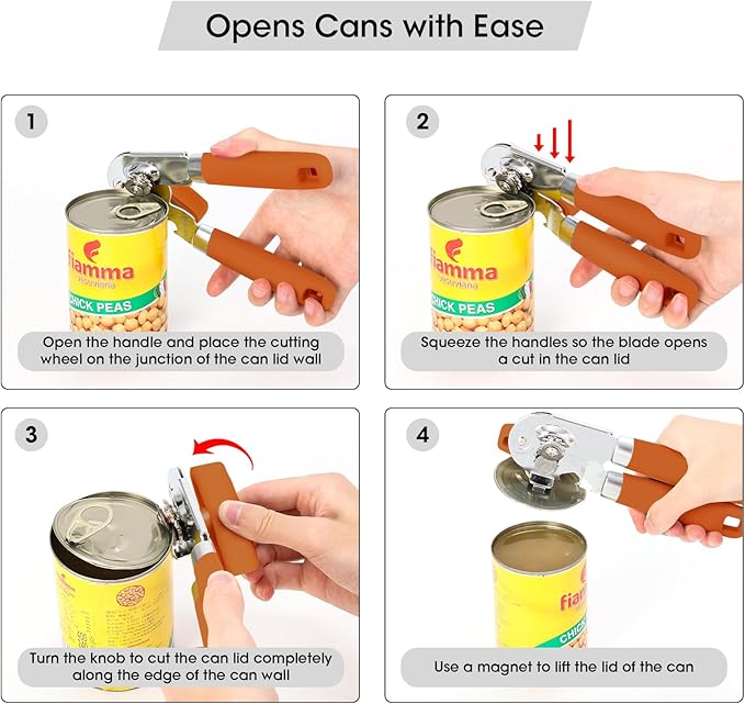 Beneno Heavy Duty Hand Can Opener Manual with Magnet, Durable Sharp Carbon Steel Blade Smooth Cutting, Big Effort-Saving Knob, Soft Grip Handle, Multifunctional Kitchen Tool with Bottle Opener, Orange - Image 4