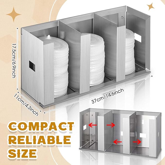 Hicarer 3 Compartments Stainless Steel Cup Dispenser with Adjustable Dividers Silver Cup and Lid Holder Lid Organizer Storage for Cabinet Kitchen Cafe Tea Shop Restaurant, Silver - Image 2