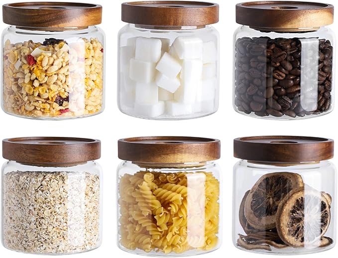 Kanwone Glass Storage Jars Set of 6, 17 Ounce Airtight Food Storage Containers with Bamboo lids, Clear Glass Canisters for Pantry, kitchen, Flour, Sugar, Tea, Coffee, Snack, Spice and Herbs by Kanwone