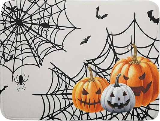 Giwawa Happy Halloween Dish Drying Mat 18"x24" Spooky Colorful Pumpkins Decorative Dish Drainer Mats Horrible Spider Web Bats Reversible Dish Drying Pad for Kitchen Countertop Dining Room