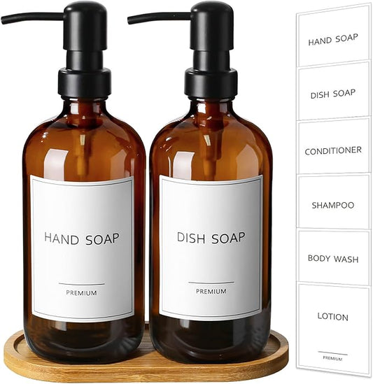 GMISUN Amber Glass Soap Dispenser, 2 Pack Bathroom Hand Soap Dispensers with Bamboo Tray, 17 Fl Oz Kitchen Hand and Dish Soap Dispenser Set, Modern Vintage Liquid Brown Soap Dispensers Bottle by GMISUN