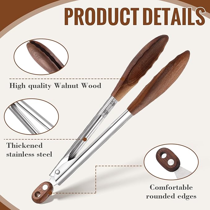 Baderke 2 Pcs Kitchen Tongs for Cooking Wooden Utensil Set Salad Tongs with Wood Tips for Serving Salad Flipping Burgers Grilling and Much More (11.4 Inch and 14.6 Inch,Walnut Wooden)