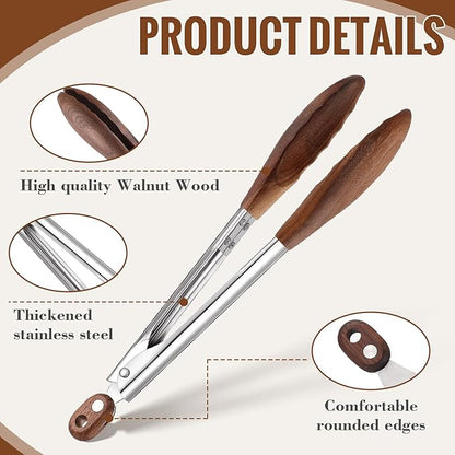 Baderke 2 Pcs Kitchen Tongs for Cooking Wooden Utensil Set Salad Tongs with Wood Tips for Serving Salad Flipping Burgers Grilling and Much More (11.4 Inch and 14.6 Inch,Walnut Wooden)