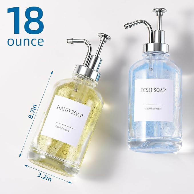 Glass Soap Dispenser with Pump, Dish and Hand Soap Dispenser for Kitchen Bathroom Set, Clear Glass Dispenser Set of 2 Pack with 18 Stickers Funnel Bamboo Tray 500ml 18oz / Each Bottle Sliver Pump - Image 3