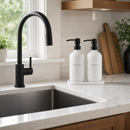 Glass Soap Dispenser - Dish Hand Soap Dispenser for Kitchen Set, Bathroom Soap Lotion Dispenser with 304 Rust Proof Pump, Tray, White Bottle/Black Pump
