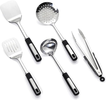 Cooking Utensil Set, Stainless Steel Kitchen Tools Include Solid & Slotted Spatula,Soup Ladle, Heat-Resistant, Dishwasher Safe, Ergonomic Handle