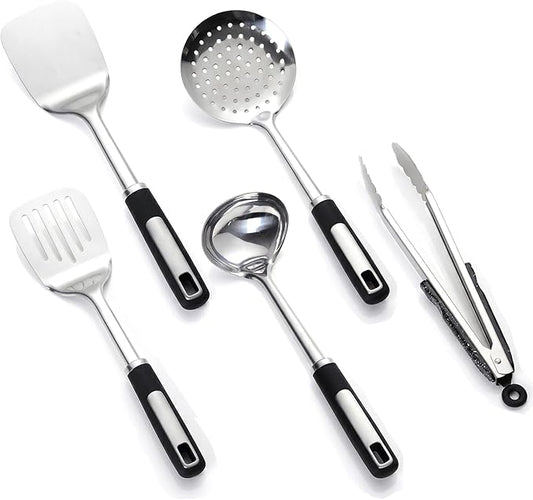 Cooking Utensil Set, Stainless Steel Kitchen Tools Include Solid & Slotted Spatula,Soup Ladle, Heat-Resistant, Dishwasher Safe, Ergonomic Handle