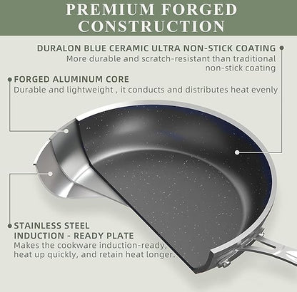 Nuwave 9pc Cookware Set Healthy Duralon Blue Ceramic Nonstick Coated, Diamond Infused Scratch-Resistant, PFAS Free, Oven Safe, Induction Ready & Evenly Heats, Tempered Glass Lids & Stay-Cool Handle