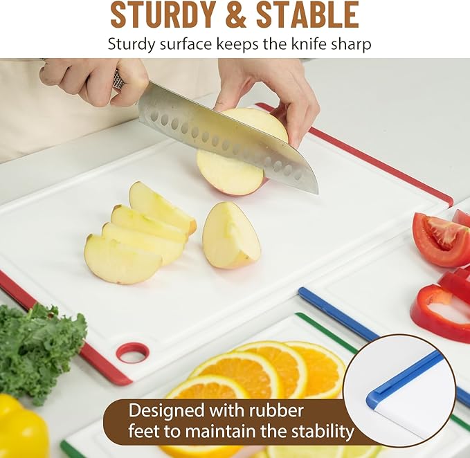 Kikcoin Plastic Cutting Boards for Kitchen, 3-Piece Large Cutting Board Set Dishwasher Safe Chopping Boards with Non-slip Feet and Juice Grooves, Multicolor - Image 5