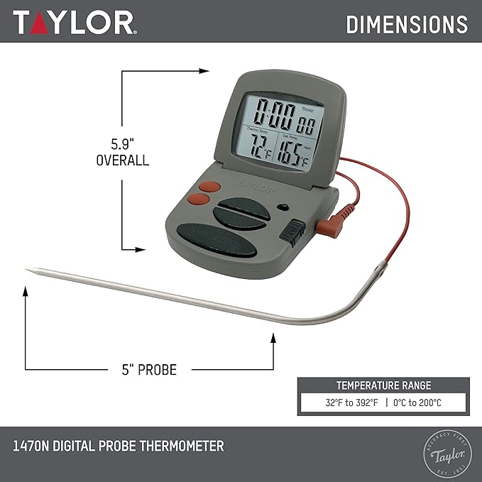 Taylor Programmable with Timer Instant Read Wired Probe Digital, Meat, Food, Grill BBQ Cooking Kitchen Thermometer with Timer, Gray - Image 2