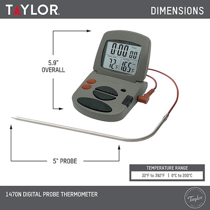 Taylor Programmable with Timer Instant Read Wired Probe Digital, Meat, Food, Grill BBQ Cooking Kitchen Thermometer with Timer, Gray - Image 2