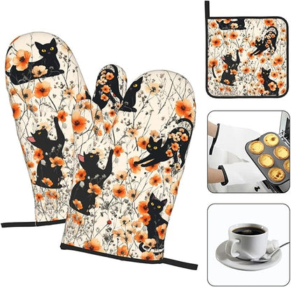 Orange Floral Pot Holders and Oven Mitts Set of 3,Cute Black Cat Kitchen Gloves Hot Pads for Baking Cooking Grilling BBQ Kitchen Decor,Black Cat Lover Gifts for Women