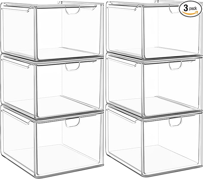 caktraie 6 Pack Small Stackable Stroage Drawers, Acrylic Bathroom Makeup Organizer, Plastic Storage Bins For Vanity, Undersink, Kitchen Cabinets, Pantry, Home Organization by shoeboxesanddeskorganizers