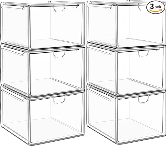 caktraie 6 Pack Small Stackable Stroage Drawers, Acrylic Bathroom Makeup Organizer, Plastic Storage Bins For Vanity, Undersink, Kitchen Cabinets, Pantry, Home Organization by shoeboxesanddeskorganizers