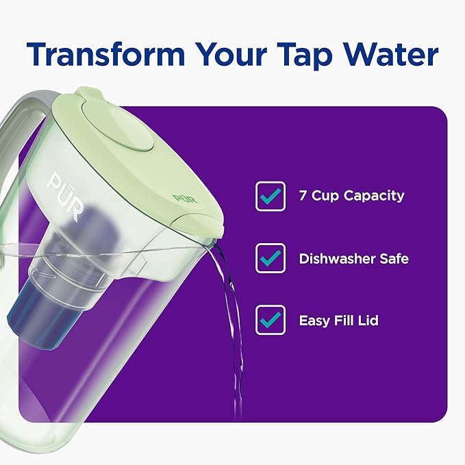 PUR 7-Cup Water Pitcher, 1 Genuine Filter, Cleaner, Great-tasting Water, Dishwasher Safe, Powerful, Faster Filtration, LockFit Cap Design - Lime - Image 2