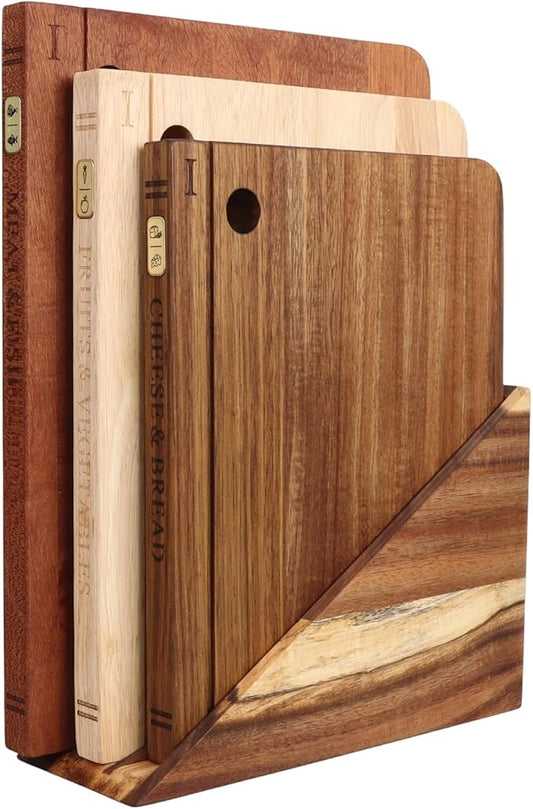 Book Cutting Board Set with Separated Stand, 3 Piece [Acacia/Ebony/Rubber] Wood Cutting Boards That Look Like Books for Kitchen Decor, Reversible Thick Chopping Board with Brass Food Labels by Unknown