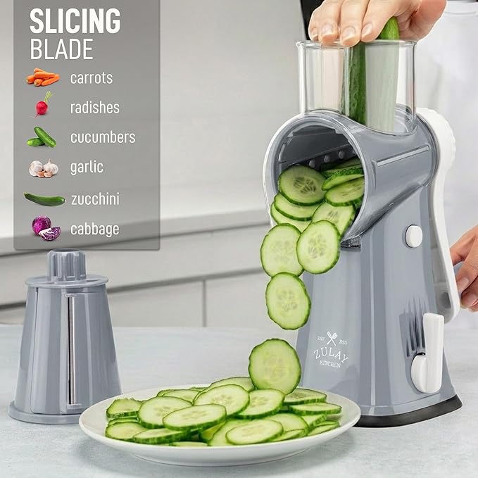 Zulay Kitchen Rotary Cheese Grater 5 Blade Cheese Shredder - Manual Hand Crank Cheese Grater With Reinforced Suction & 5 Interchangeable Drums - Easy to Use, Vegetable Chopper Round Mandoline Slicer - Image 5