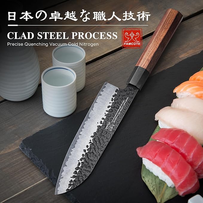 FAMCÜTE Santoku Knife 7 inch, Hand Forged 5 Layers 9CR18MOV High Carbon Steel Professional Kitchen Knife, Ultra Sharp Rosewood Handle Japanese Chopping Knife As a Thoughtful Birthday Gift for Dad/Mom - Image 7