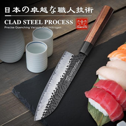 FAMCÜTE Santoku Knife 7 inch, Hand Forged 5 Layers 9CR18MOV High Carbon Steel Professional Kitchen Knife, Ultra Sharp Rosewood Handle Japanese Chopping Knife As a Thoughtful Birthday Gift for Dad/Mom - Image 7