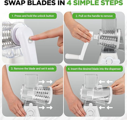 NutriChef 3 in 1 Cheese Grater & Shredder | Strong Suction Base, Rotary Handle with Safety Lock | Includes Hand Crank & 3 Drum Blades for 3 Textures, Fine, Medium & Strips | White - Image 3