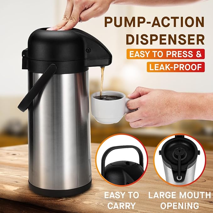 Airpot Coffee Dispenser with Pump - 2Pcs 102 oz Insulated Stainless Steel Coffee Carafe - Thermal Beverage Dispenser - Coffee Urn for Hot/Cold Water, Party Chocolate Drinks - Image 3