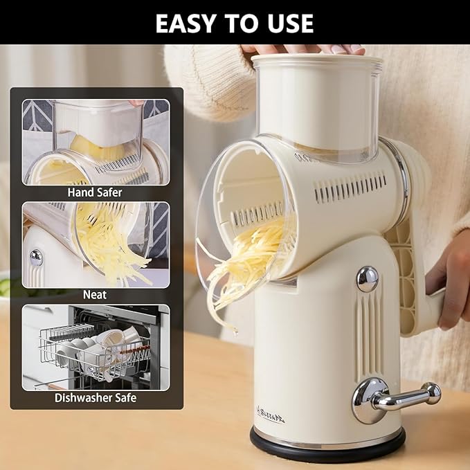 5-in-1 Rotary Cheese Grater Vegetable Slicer with Handle - Upgraded Hand Crank Cheese Grater with Handle and Strong Suction Base, Multi-Purpose Slicer with 5 Blades (White) - Image 5
