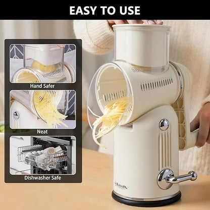 5-in-1 Rotary Cheese Grater Vegetable Slicer with Handle - Upgraded Hand Crank Cheese Grater with Handle and Strong Suction Base, Multi-Purpose Slicer with 5 Blades (White) - Image 5