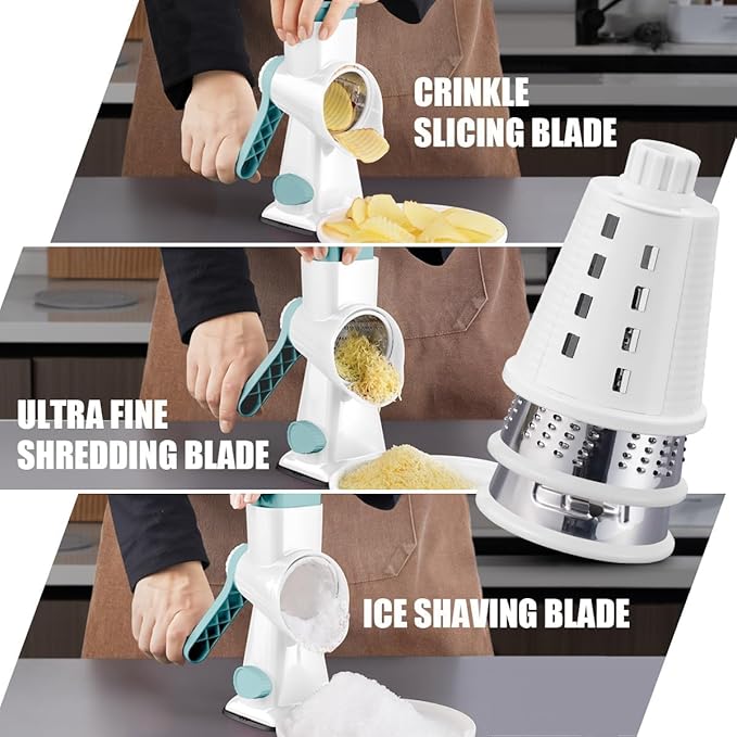 KEOUKE Rotary Cheese Grater Pro 6 in 1 - Shredder Crinkle Slicer Grinder Ice Shaver, Stable Suction, Time-saving Easy Use & Clean, Safe Morden Kitchen Tool for Cheese, Vegetable, Nuts, Chocolate - Image 2