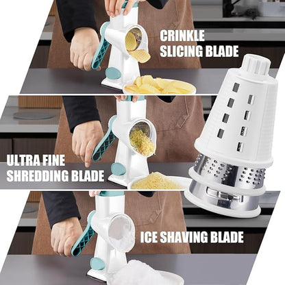 KEOUKE Rotary Cheese Grater Pro 6 in 1 - Shredder Crinkle Slicer Grinder Ice Shaver, Stable Suction, Time-saving Easy Use & Clean, Safe Morden Kitchen Tool for Cheese, Vegetable, Nuts, Chocolate - Image 2