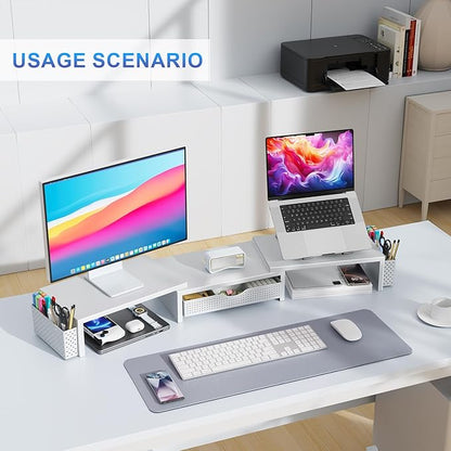gianotter Dual Monitor Stand Riser, Desk Organizer With Drawer and 2 Pen Holders, Monitor Stand for Desk, Office Decor Essentials (White) - Image 5