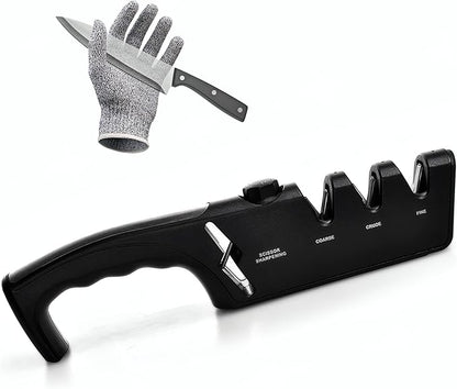 5-Angle Adjustable 10-35 Degree Professional 4-Stage Knife Sharpener, with Cut-Resistant Glove, with Scissors Grinding Slot - Multi-Purpose Precision Tool for Kitchen, Home, Outdoors (Black) by ZCircle