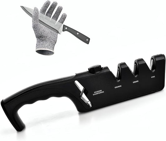5-Angle Adjustable 10-35 Degree Professional 4-Stage Knife Sharpener, with Cut-Resistant Glove, with Scissors Grinding Slot - Multi-Purpose Precision Tool for Kitchen, Home, Outdoors (Black) by ZCircle