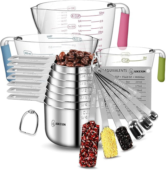 Measuring Cups and Spoons Set of 20 - Stackable Stainless Steel Measuring Cups Spoons & Plastic Measuring Cup for Dry and Liquid Ingredients, Cooking & Baking Kitchen Gadgets by AIKEXIN
