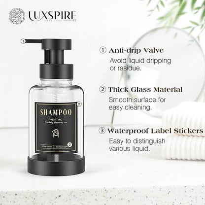 Luxspire Foaming Soap Dispenser, Glass Foam Pump Soap Dispenser, Non-Slip Hand Soap Bottle with 5 Waterproof Labels, 15 Oz Refillable Liquid Soap Bottle for Bathroom & Kitchen, Clear, 2 Pack