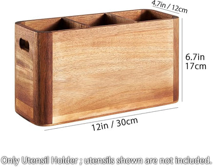 12" Wooden Kitchen Utensil Holder, Extra Large Acacia Wood Organizer for Cooking Tools, Utensils & Cutlery Storage – 3-Compartment Countertop Holder