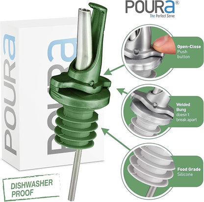 Olive Oil Spout for Olive Oil Dispenser - UK Patented Oil Pourer - Mid Flow Shut Off for Accurate Measurement - One Handed Open & Close Cap Keeps Oil Fresh and Prevents Oxidization - Green 6 Pack