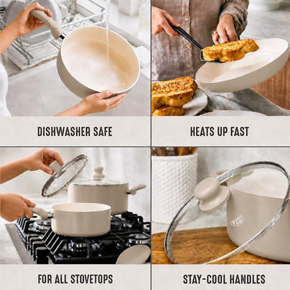 GreenLife 5 Quart Nonstick Stock Pot with Lid, Non-Toxic Ceramic Pot, Dishwasher Safe, Induction Ready, Fast Heating, Stay-Cool Handles, Kitchen Casserole, Soup, Pasta, Easy Clean, Beige Taupe