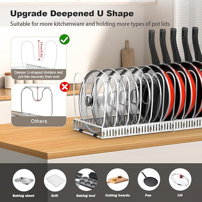 Housolution 2 Pack Pot and Pan Organizer, 12"-23" Expandable Pot Lid Organizer with 14 Adjustable Dividers, Pan Lid Holder Storage Rack for Cabinet, White - Image 2