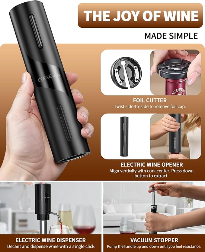CIRCLE JOY 5-in-1 Electric Wine Bottle Opener Set, Rechargeable Wine Opener Kit, Cordless Wine Gift Set with Foil Cutter, Electric Aerator & Pourer and Vacuum Stopper for Wine Lovers, Black - Image 3