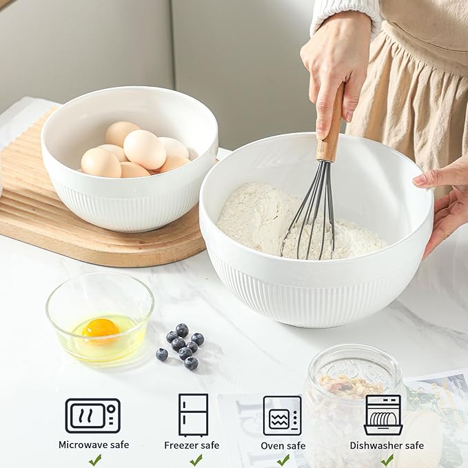 Ceramic Large Mixing Bowls for Kitchen, Set of 2 Big Serving Bowls for Cooking, Popcorn, Salad, Soup, Baking, Dough Bread Making Bowl, 10 inch + 8 inch, White - Image 3