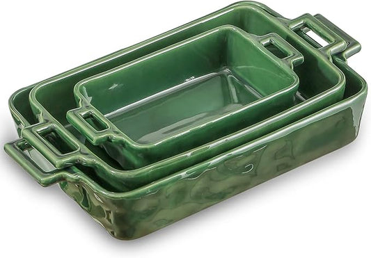 VICRAYS Ceramic Bakeware Set, Porcelain Rectangular Baking Dish, Baking Pan Lasagna Pans Casserole Dish Set for Cooking, Kitchen, Cake Dinner, Banquet and Daily Use, 3 PCS, 15 x 8.5 Inches(Green) by VicraysCeramic