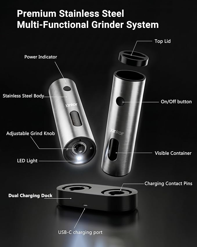 Electric Salt and Pepper Grinder Set with USB-C Charging Base, Stainless Steel Automatic Rechargeable Salt and Pepper Grinder with LED Light & Large Capacity, 6 Adjustable Coarseness Settings