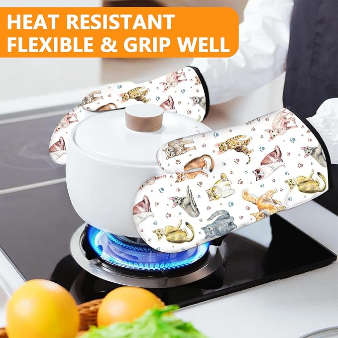 Cute Cats Oven Mitts and Pot Holders Sets 4Pcs,Extra Long Oven Gloves Potholder for Kitchen Cooking Baking BBQ 100% Cotton Heat Resistant - Image 6