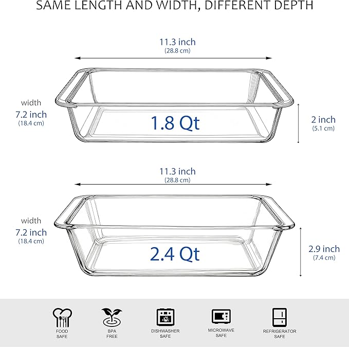 Set of 2 pcs Tempered Glass Baking Dish Set, Deep and Classic Borosilicate Glass Baking Dish Set (2.3L+1.7L). Oven, Microwave, Refrigerator and Dishwasher Safe.