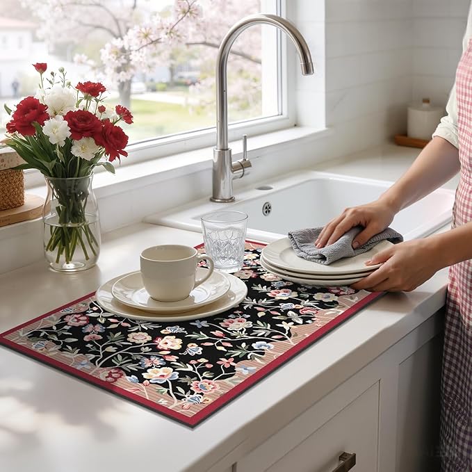 LOKHOM Floral Dish Drying Mat, 12"x20" Super Absorbent Non-slip Bordered Coffee Mat with Oil Painting Black Floral, Cuttable Hide Stain Drying Mat for Kitchen Counter Coffee Maker Espresso Machine - Image 8
